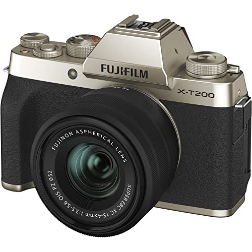 Fujifilm X-T200 24.2 MP Mirrorless Camera with XC 15-45 mm Lens (APS-C Sensor, Electronic Viewfinder, 3.5" Vari-Angle Touchscreen, Face/Eye AF, 4K Video Vlogging, Film Simulations) - Champagne Gold