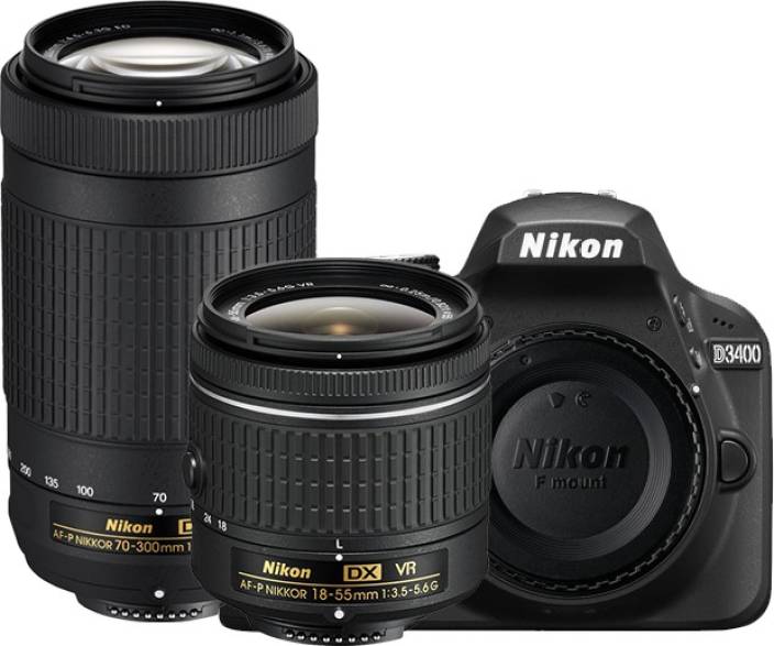 Nikon D3400 DSLR Camera Body with Dual Lens: AF-P DX NIKKOR 18-55 mm f/3.5 - 5.6G VR + AF-P DX NIKKOR 70-300 mm f/4.5 - 6.3G ED VR (16 GB SD Card + Camera Bag)